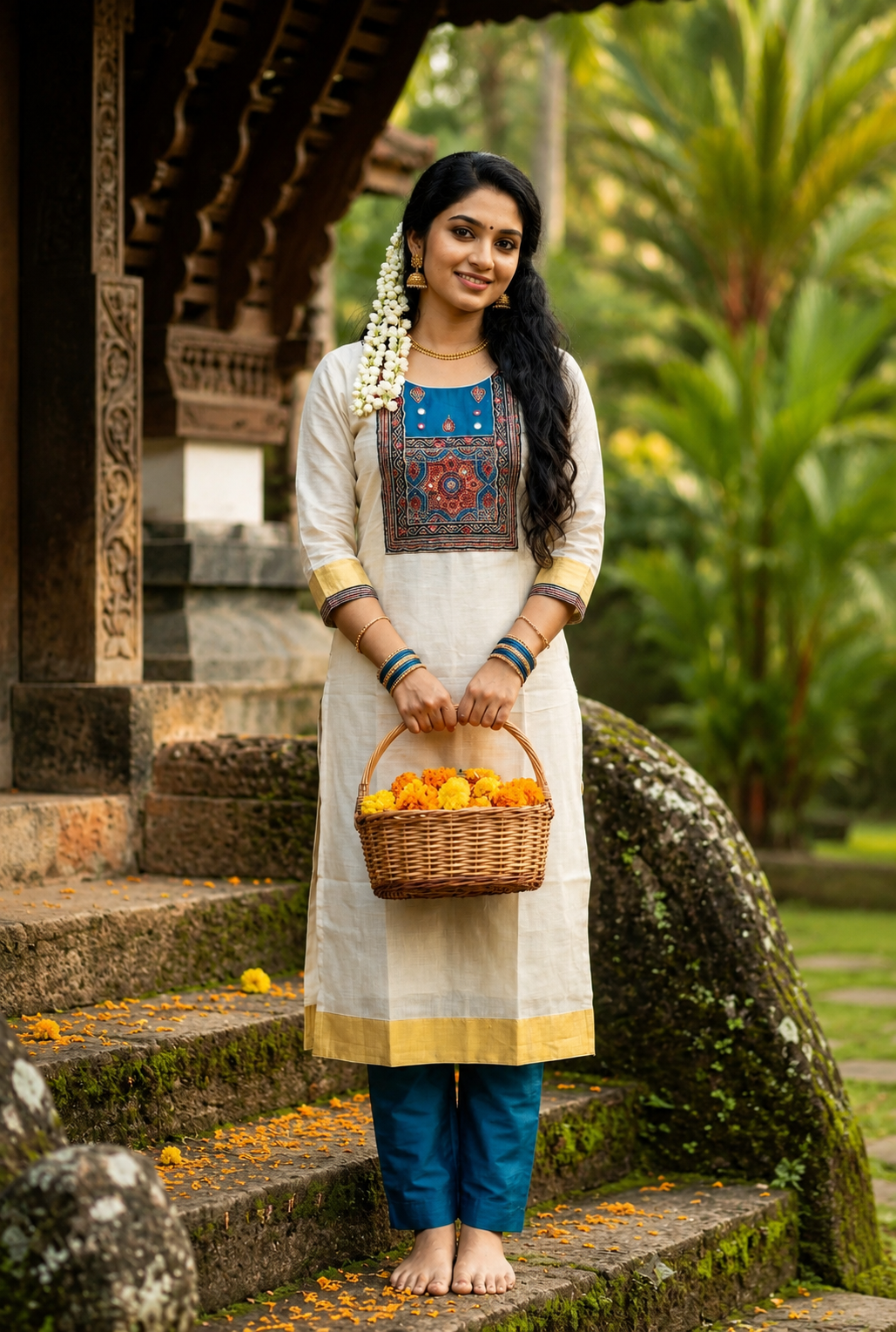 Onam Kurthi with Ajrakh Patch  Design 2