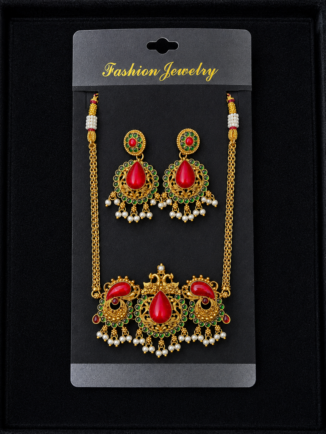 Elegant Red & Green Kundan-Style Jewelry Set